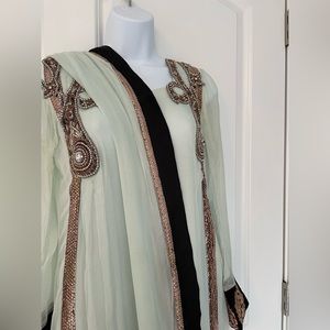 Mint maxi chiffon kameez with matching dupatta and black trousers